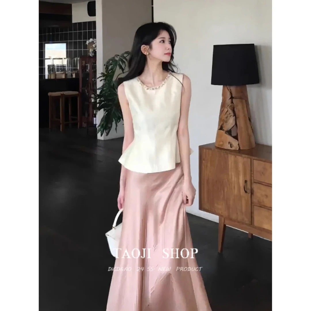 春游出行衣服法式重工钉珠杏色无袖马甲套装女春夏季新款甜美粉色