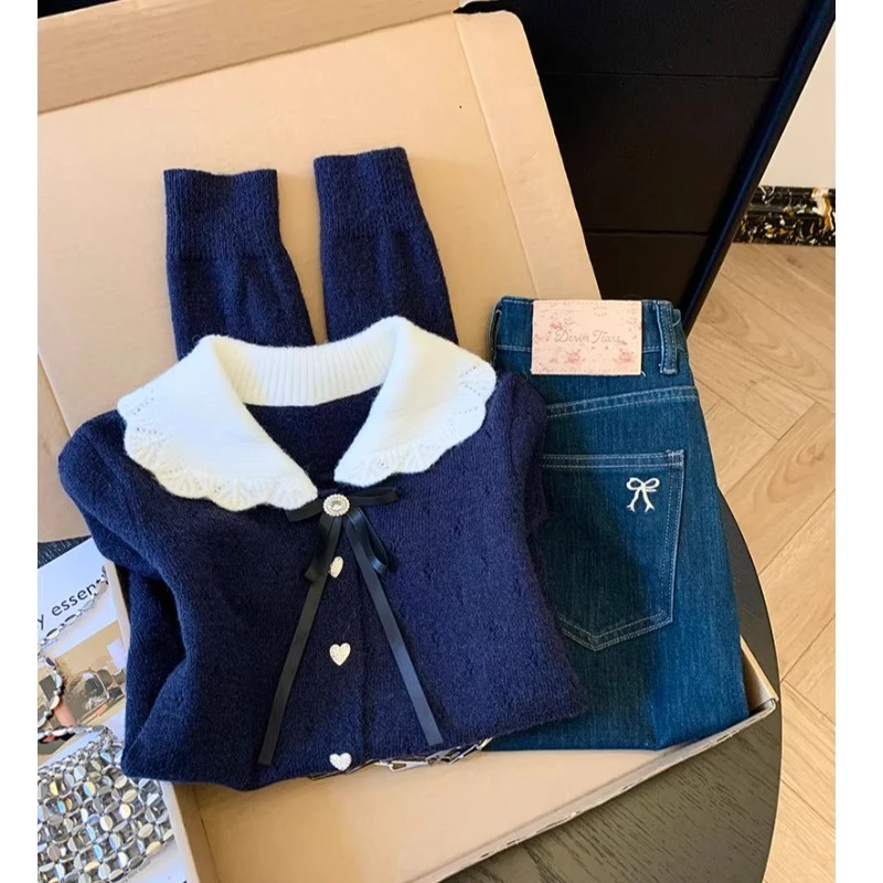 2025韩系温柔甜美娃娃领蝴蝶结针织开衫女秋季新款学院风减龄毛衣