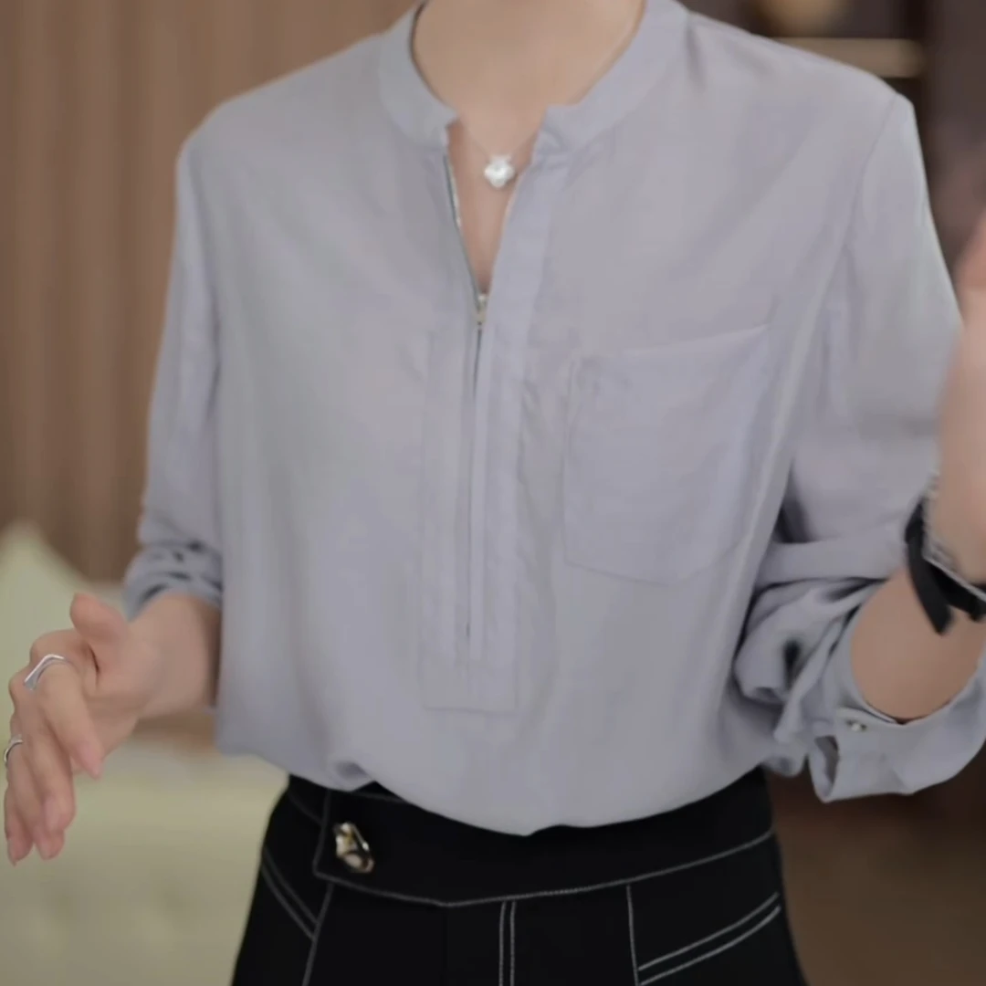 【冰川世界】新款轻奢气质纯色长袖衬衫宽松显瘦上衣LK2501566