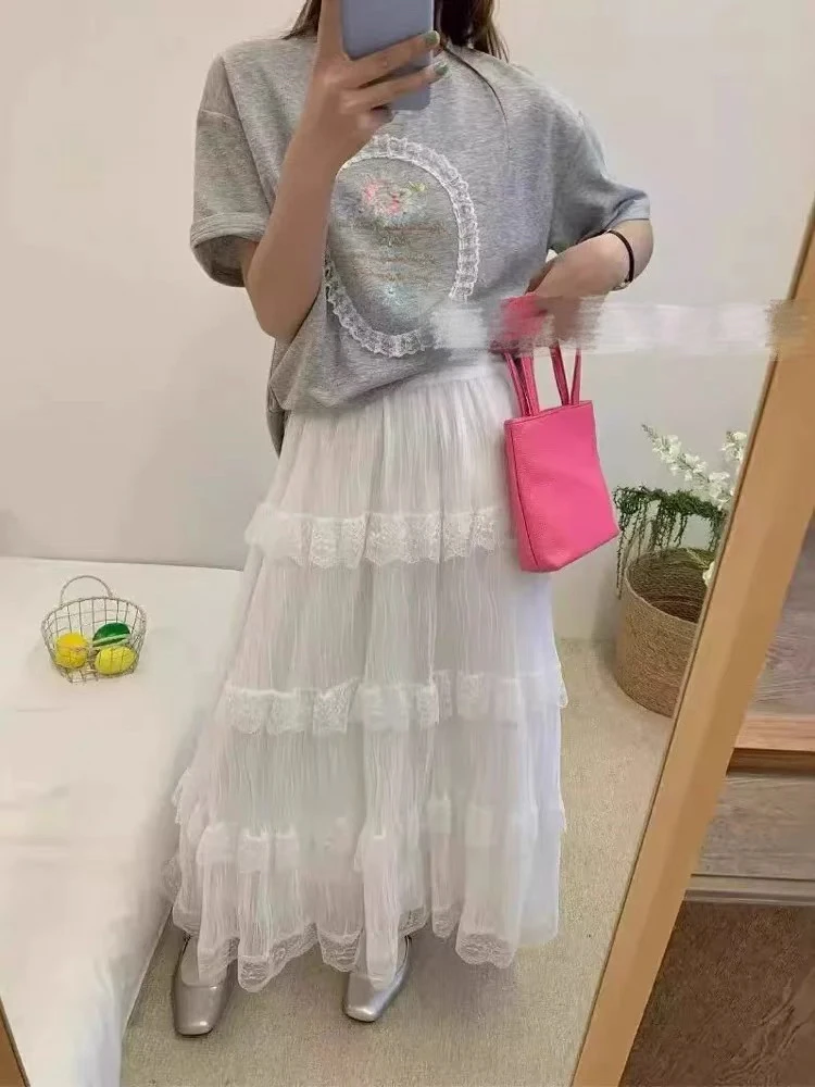 甜美风蕾丝花边半身裙女2025早春新款蛋糕裙高腰遮跨显瘦A字长裙