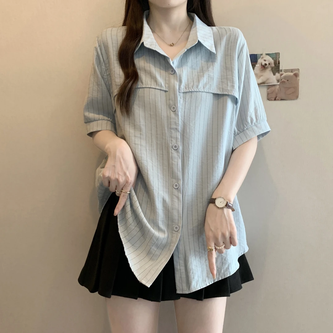 大码女装遮肚子韩版POLO领条纹短袖衬衫女夏胖mm宽松显瘦洋气上衣