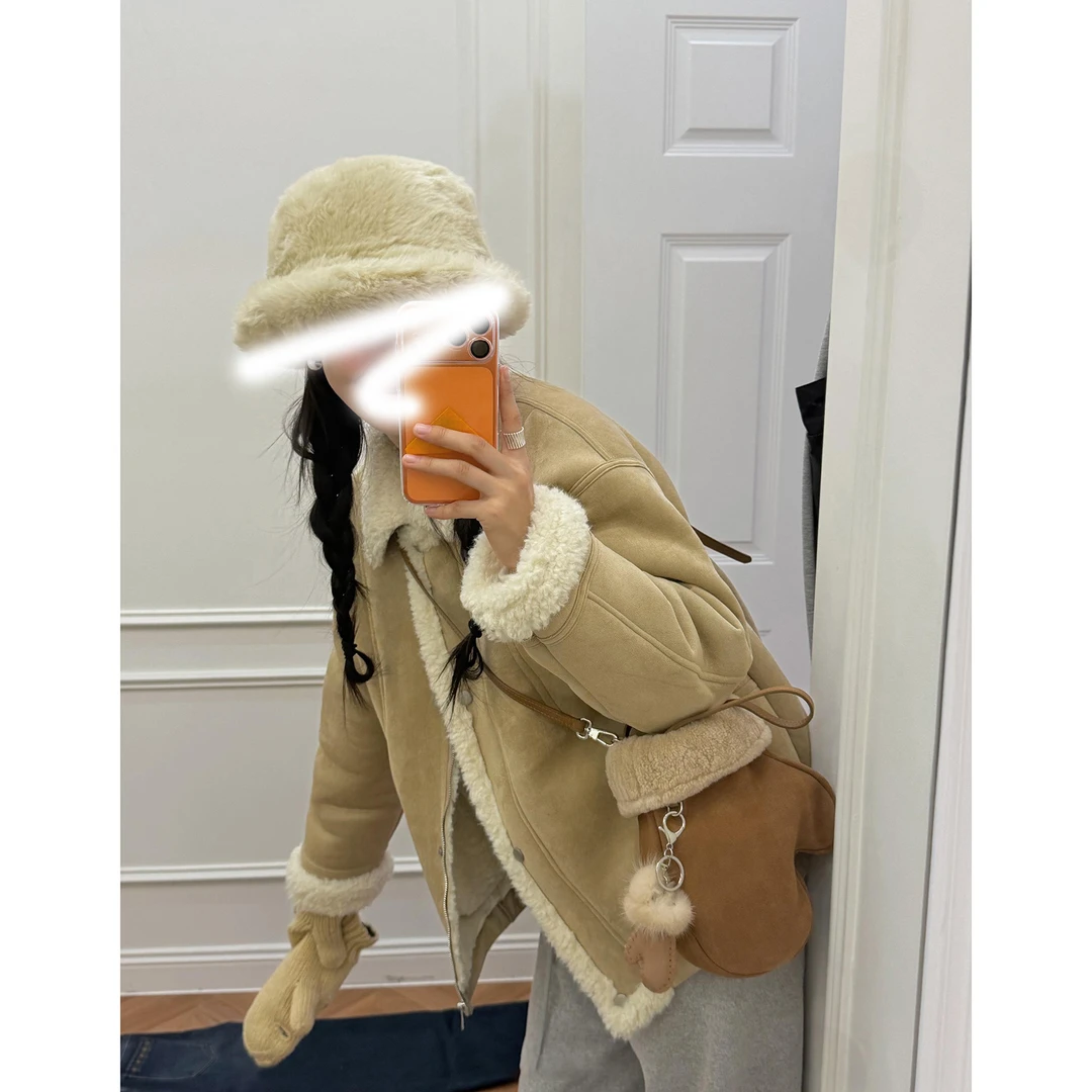 【雪顶摩卡】韩版复古翻领毛毛加厚保暖宽松美拉德系短款外套女冬秋