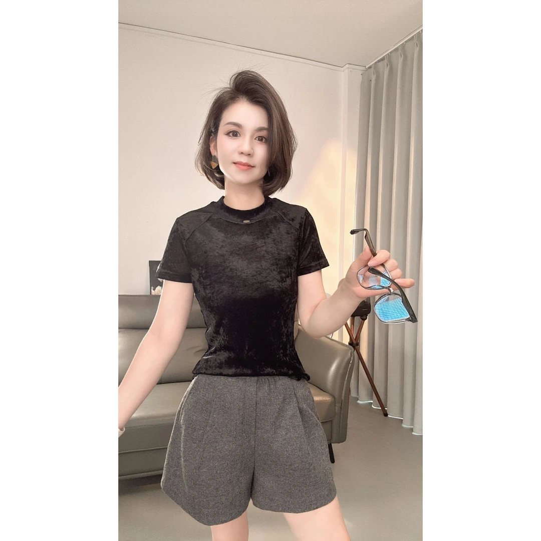 【韩玖薇】T恤冰花绒气质休闲柔软时尚短袖显瘦欧若风【885】