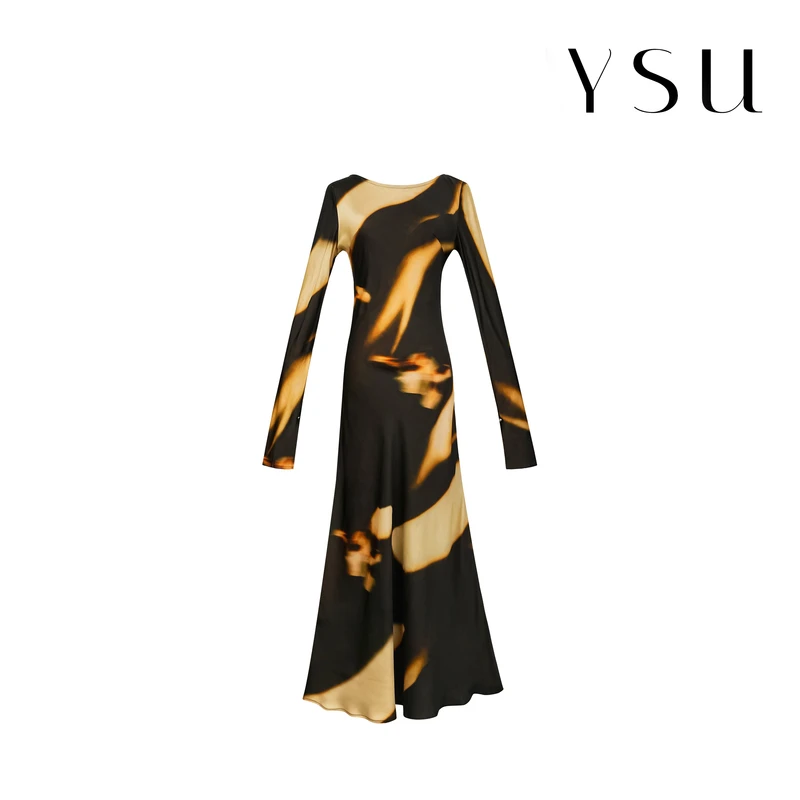 【YSU】新款法式高端气质显瘦长袖撞色印花晕染连衣裙Y33729