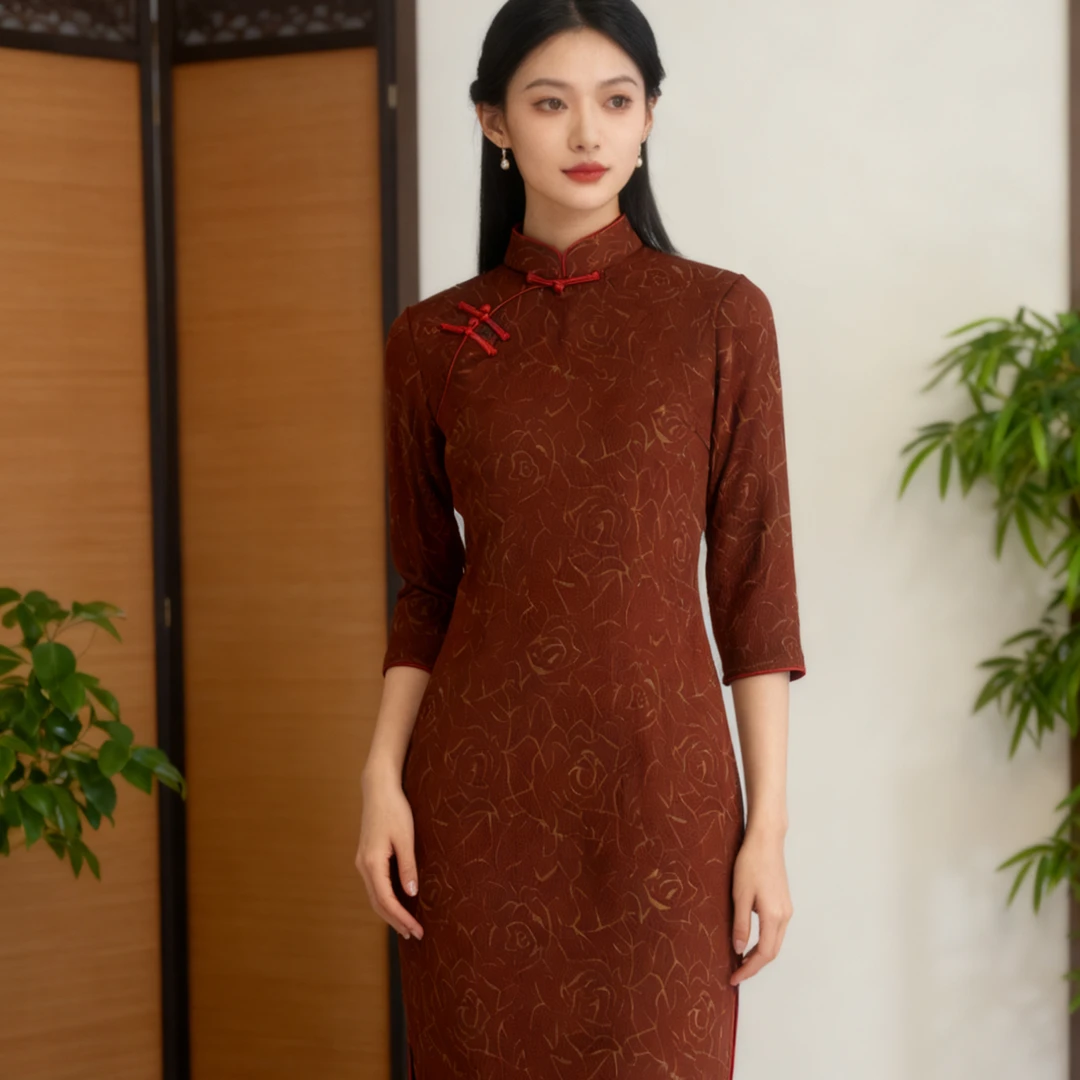 9298-旗袍2025新款改良复古敬酒服新娘长袖红色订婚新中式结婚连
