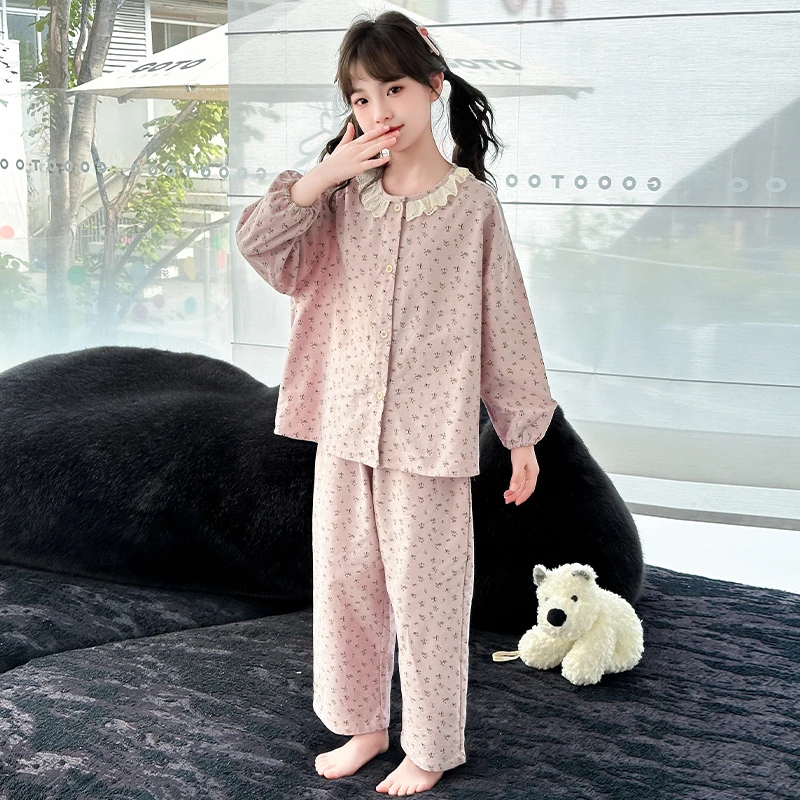 女童蕾丝花边开衫睡衣甜美舒适中大童女孩子家居服两件套碎花洋气