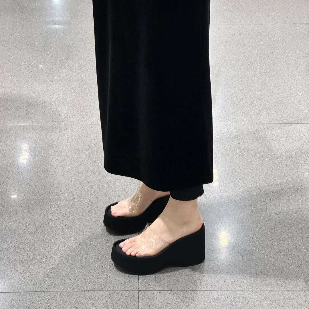 软皮版~软皮坡跟透明一字拖鞋女小个子厚底半拖鞋高跟凉拖