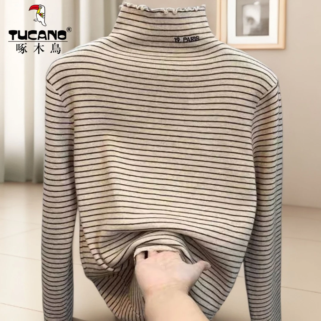 啄木鸟双面德绒半高领条纹打底衫女秋冬内搭加绒加厚长袖T恤上衣