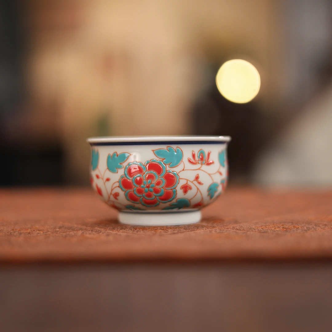 【汪汪茶器】立勤堂-二号釉-红绿彩-牡丹炉式杯（EHY-B-047）