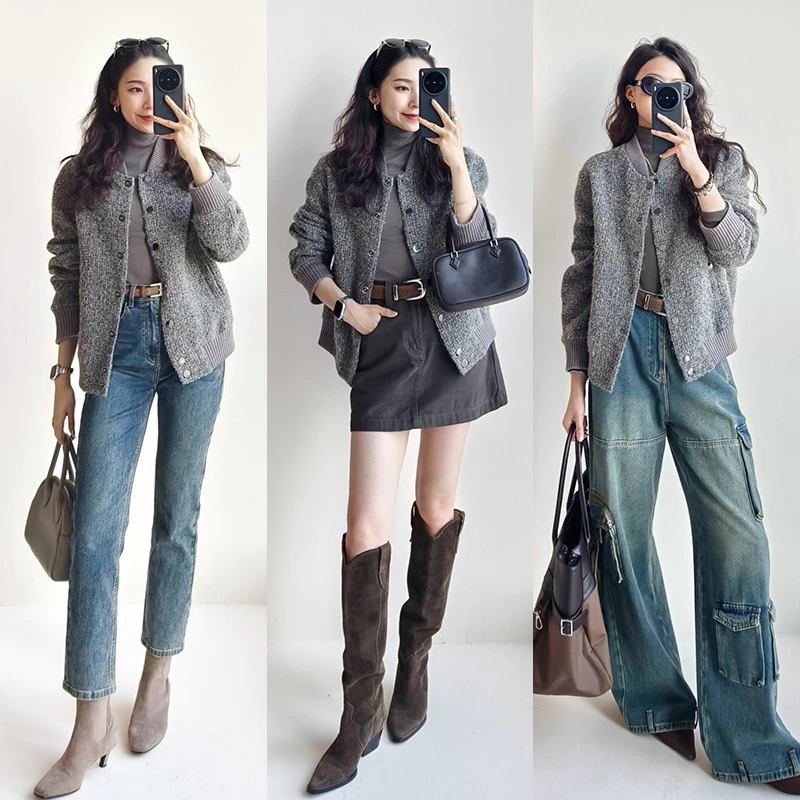 美洋MEIYANG花鹿外套羊毛羊驼毛混色花纱棒球领双面呢上衣气质