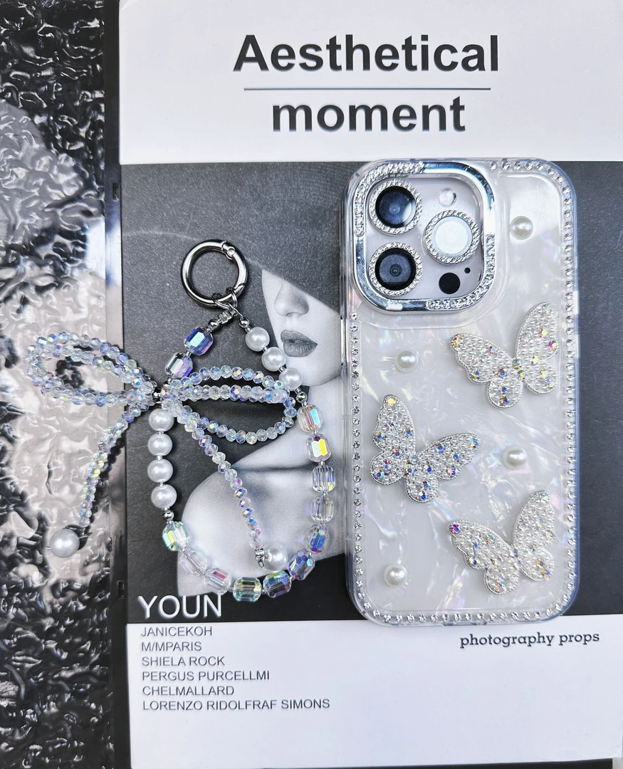 高级贝壳蝴蝶闪钻边跨适用苹果16promax手机壳iPhone15/14/13女