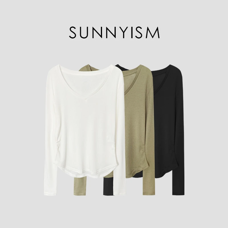 Sunnyism “倾城” 秋季V领圆弧下摆高级打底T恤 TX01607
