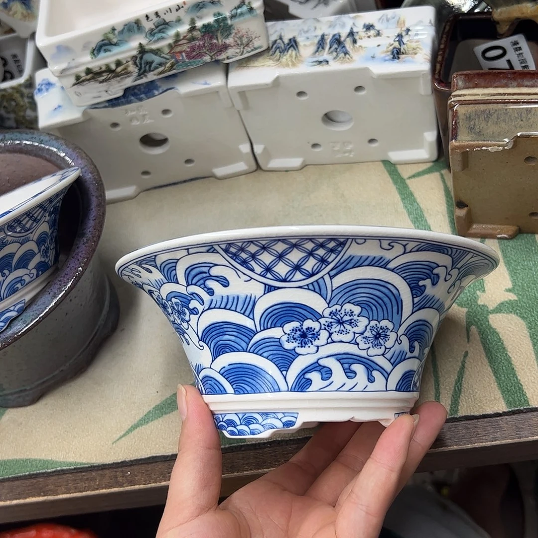 紫砂花盆052号瑕疵17/7cm仿手绘海浪花纹