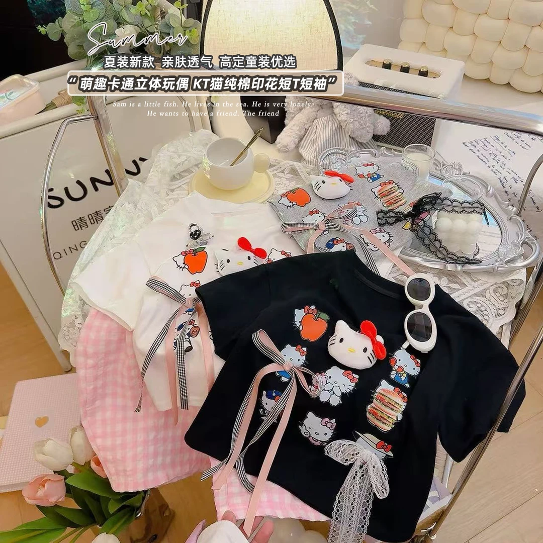 夏季新款~女宝纯棉卡通立体玩偶宽松百搭休闲圆领T恤短袖