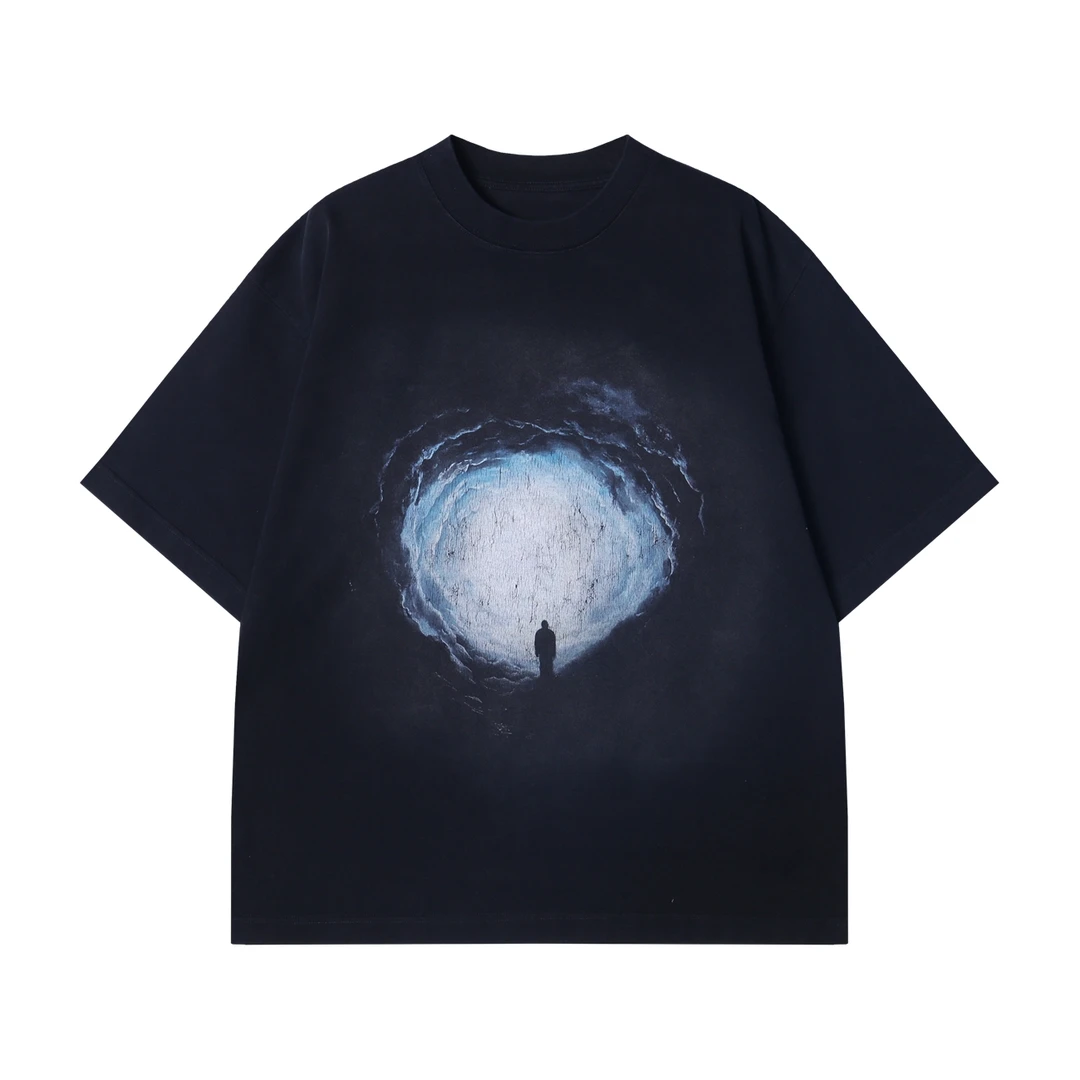 夏季高级感新款韩版简约纯色人影圆领短袖T恤情侣宽松潮流上衣