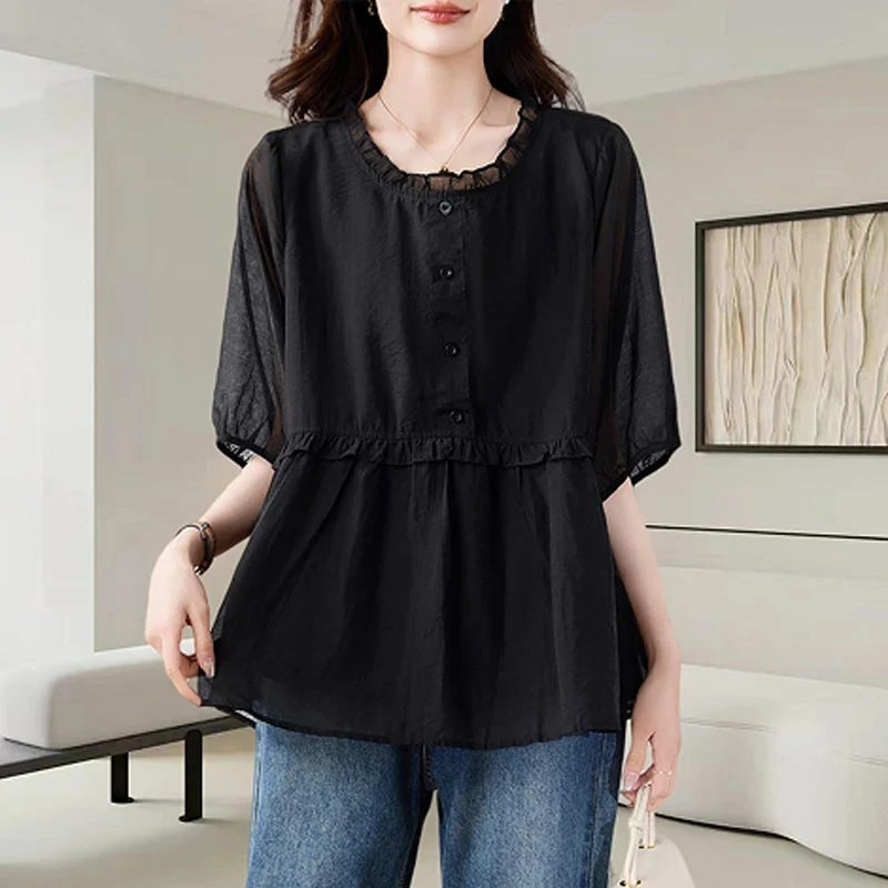 2025夏季韩式新款宽松显瘦黑色气质短袖衬衫女休闲风百搭个性上衣