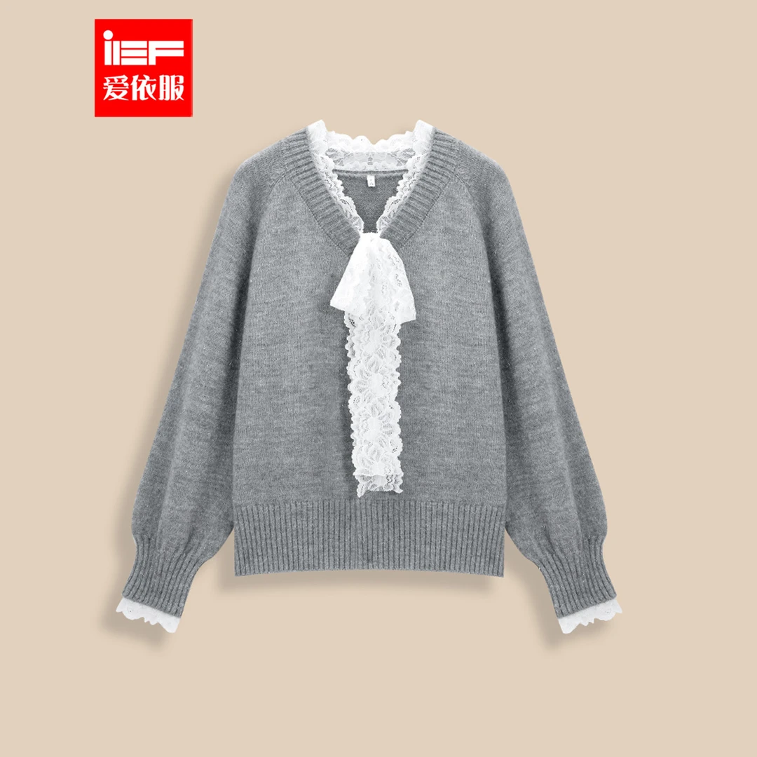 IEF/爱依服2025冬春新款法式纯欲风蕾丝边设计通勤百搭毛织上衣