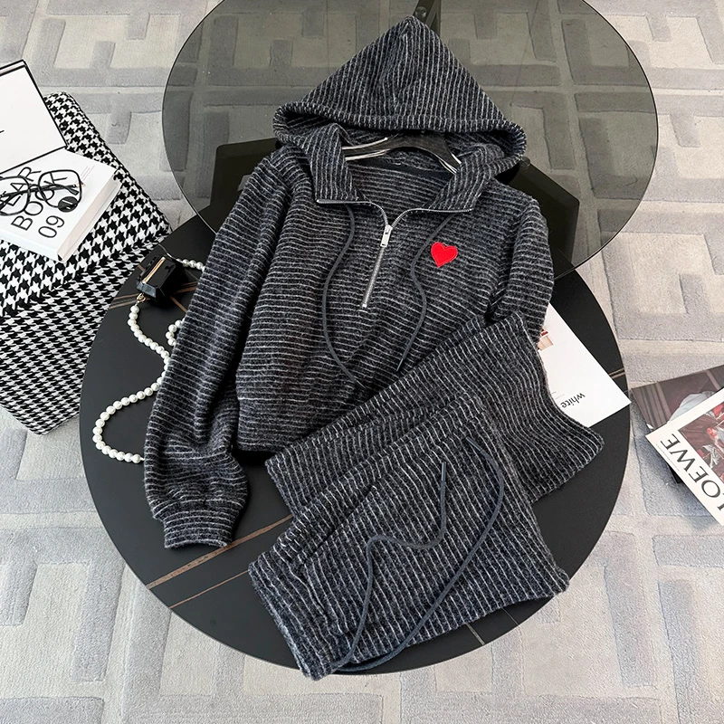 网红炸街休闲运动套装春季新款女连帽拉链开衫卫衣直筒裤两件套潮