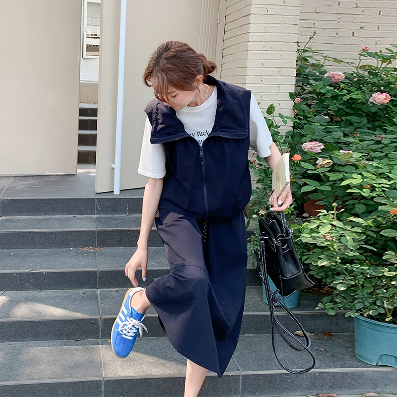 藏青色工装风套装裙女夏季2025新款韩版今年流行马甲半身裙两件套