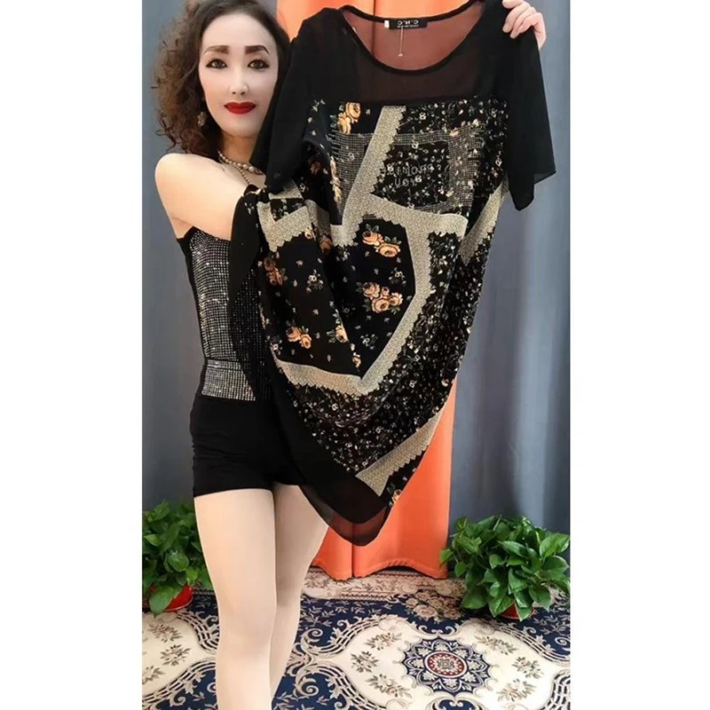 2025夏季新款时尚气质高端印花拼接连衣裙假两件遮肉显瘦宽松裙子