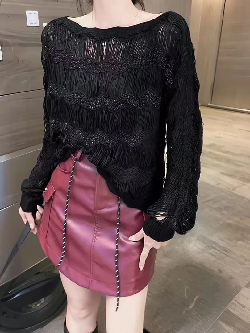 慵懒风简约纯色镂空薄款针织衫女早秋季洋气宽松休闲百搭显瘦上衣