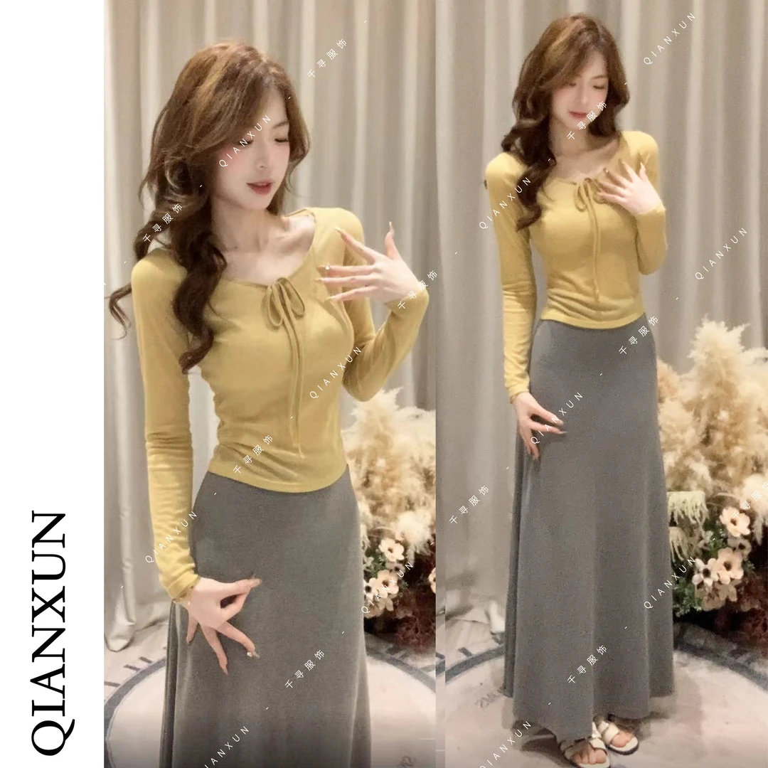 千寻家  新款时尚百搭显瘦T恤系带领口设计感正肩长袖上衣女492