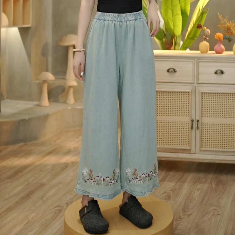 8832 春款文艺复古牛仔裤刺绣花边时尚水洗阔腿裤直筒裤