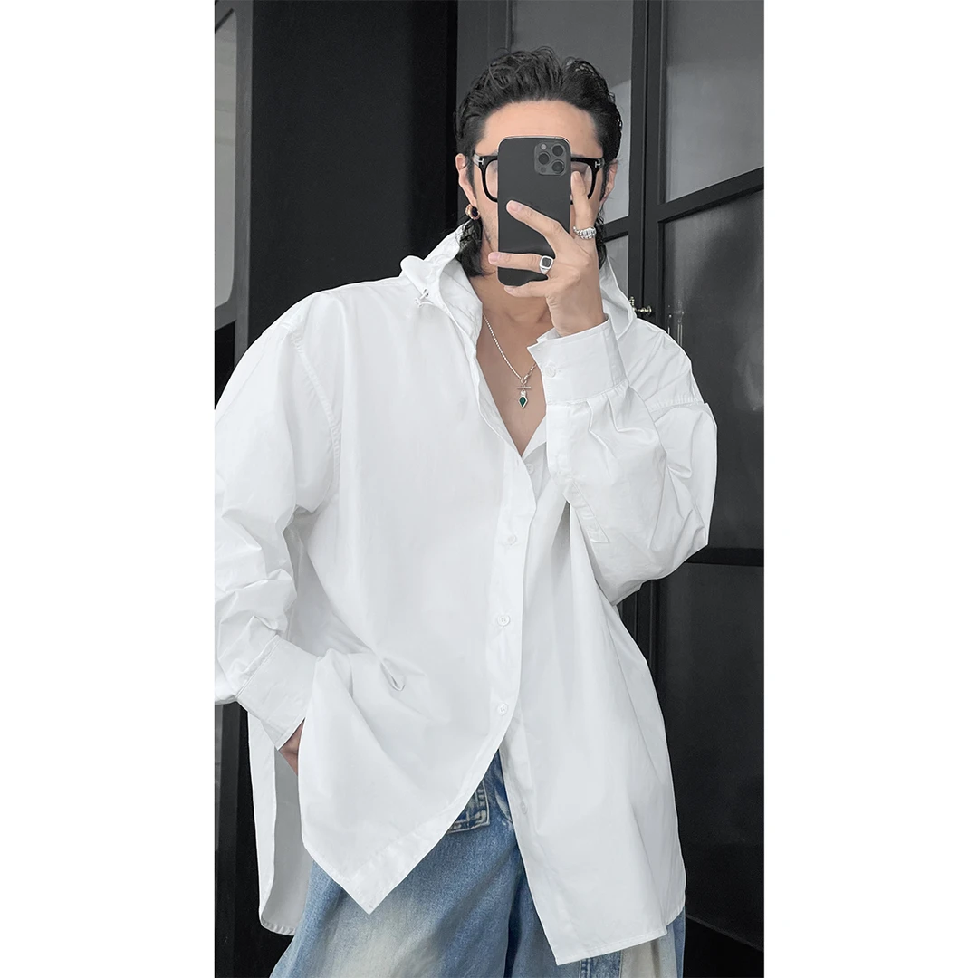 2025春季新品美式简约高级感连帽衬衫男设计款百搭长袖衬衣