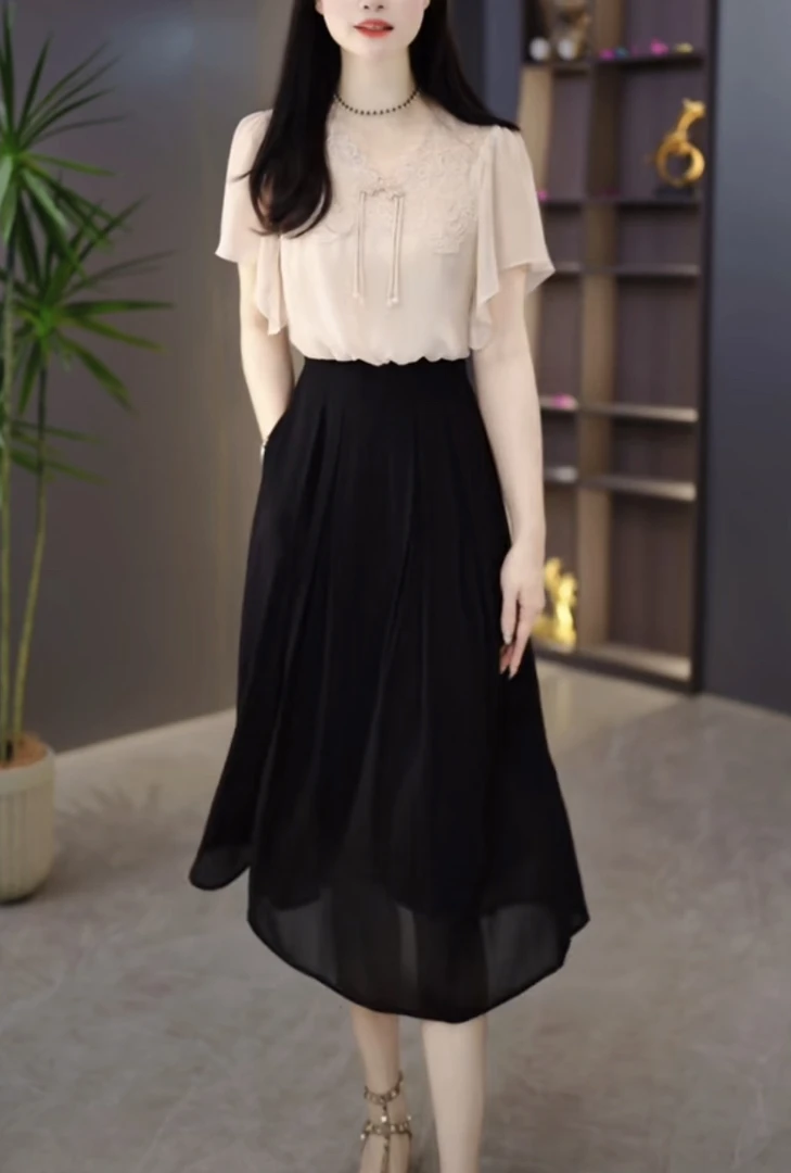 启慕女装连衣裙2025夏季新款时尚洋气蕾丝拼接收腰显瘦短袖裙子