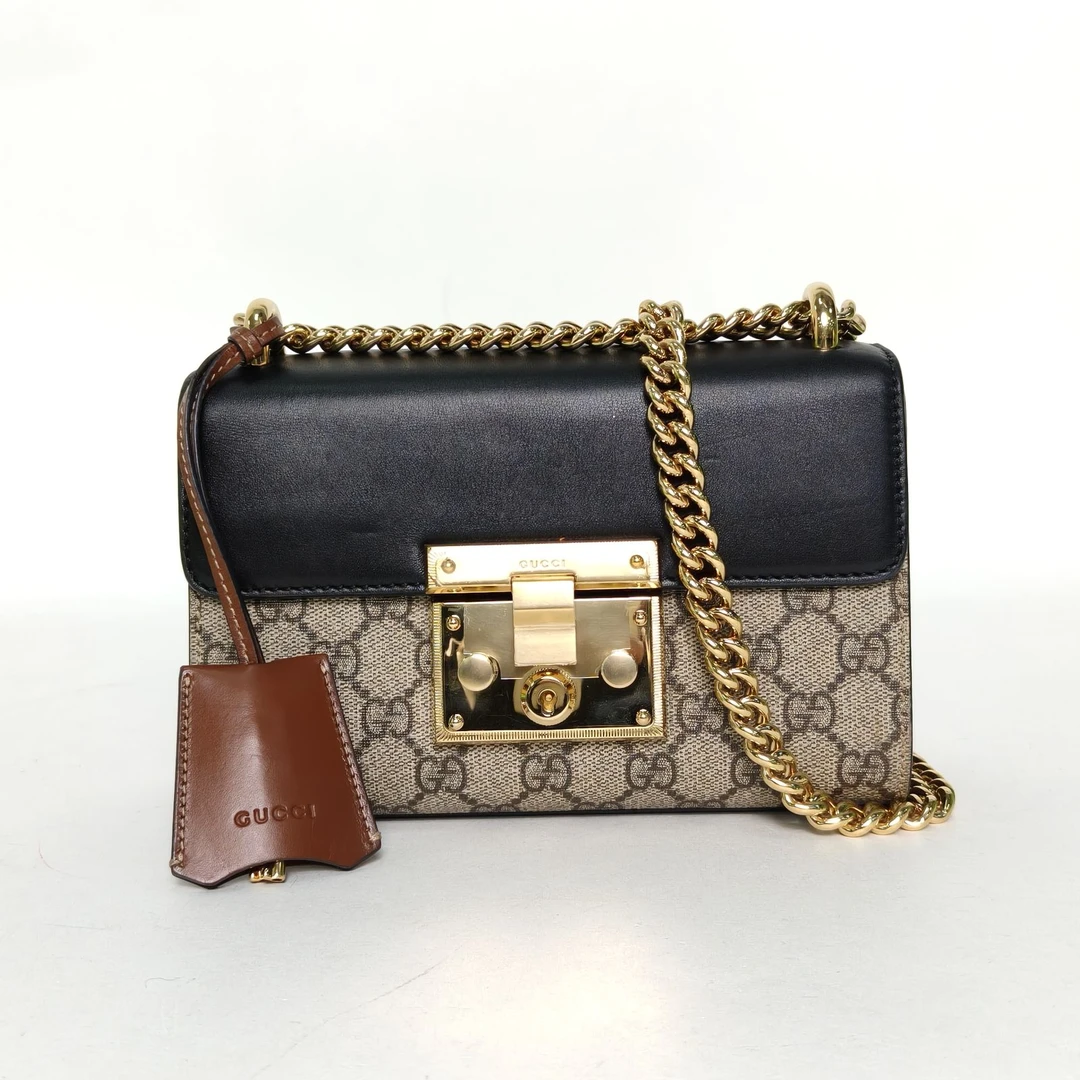 95新 GUCCI/古驰 【娇】锁头包 20.5 黑色 皮革C/PVC 金扣 724398