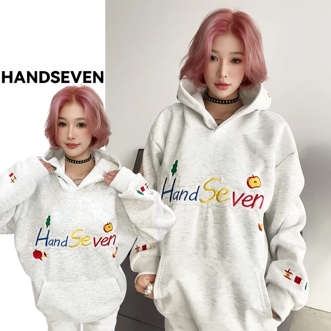 HandSeven国潮美式复古多巴胺苹果刺绣重磅连帽卫衣宽松休闲帽衫