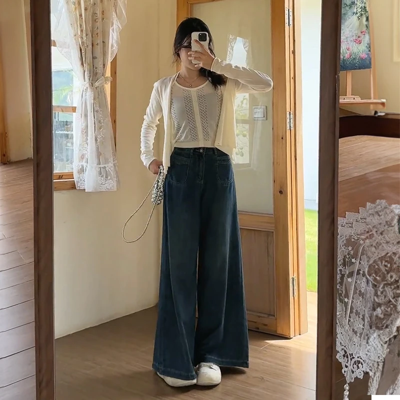 女显瘦高腰阔腿复古牛仔裤直筒宽松大码极简风水洗蓝色百搭阔腿裤