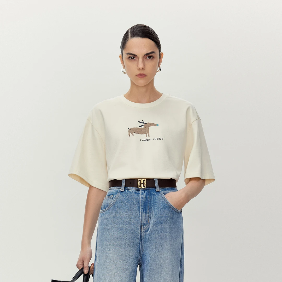 LYNEE 纯棉简约手绘小鹿印花宽松纯欲慵懒风T恤上衣女 LGD2FST019