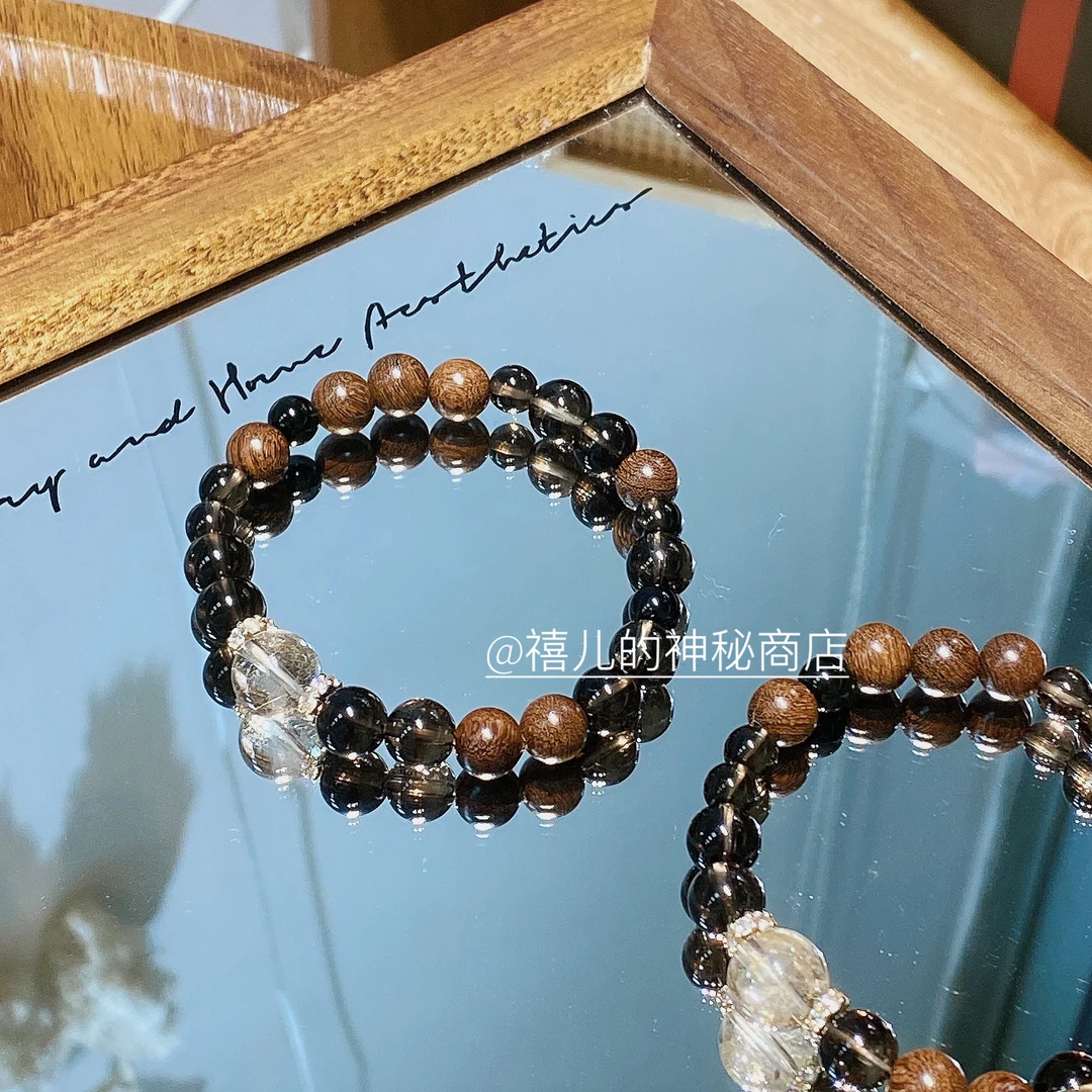 ·巧克力·天然茶晶黑曜石金丝檀木手串