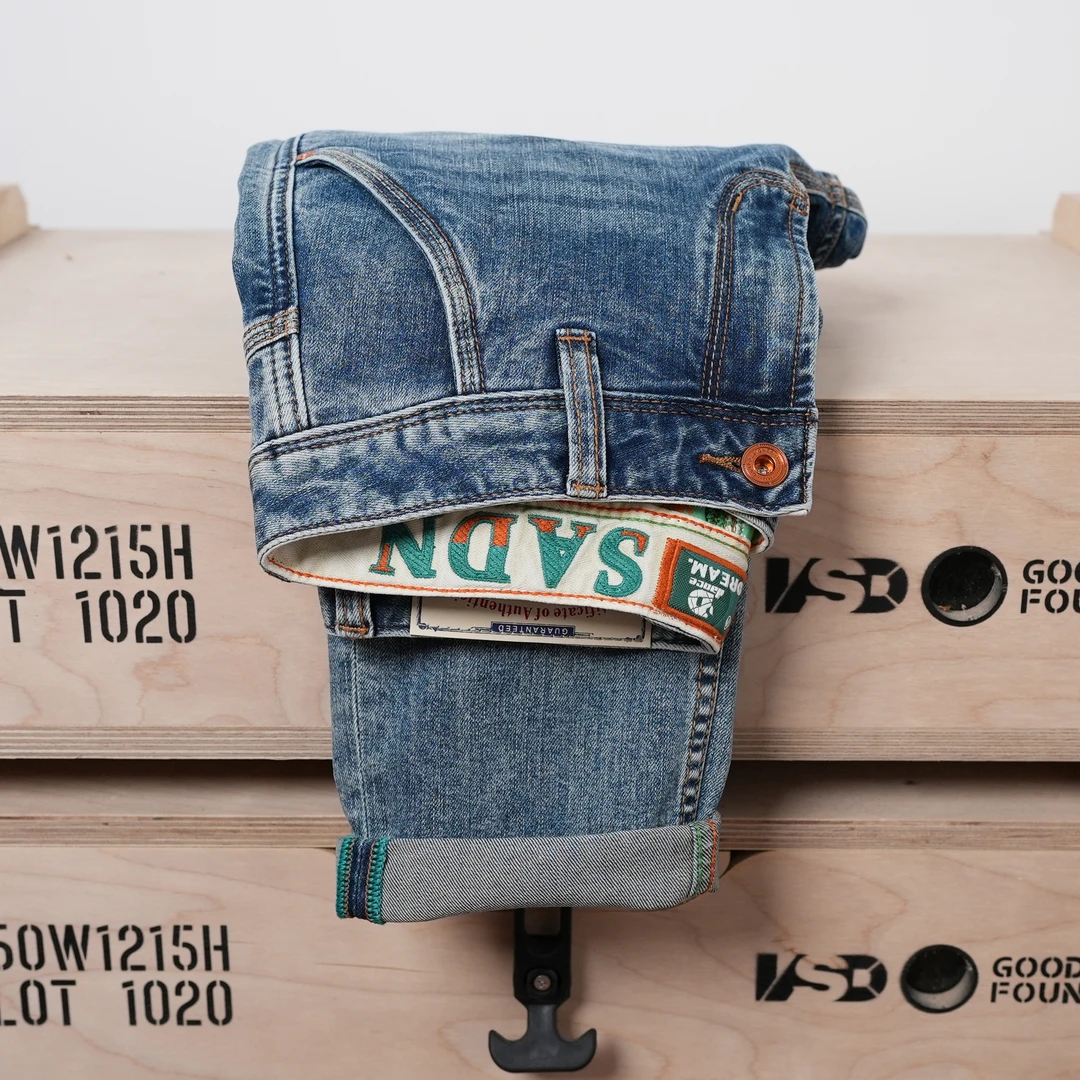 夏季新款男士水洗蓝色斜口袋男裤修身显高男款牛仔裤子