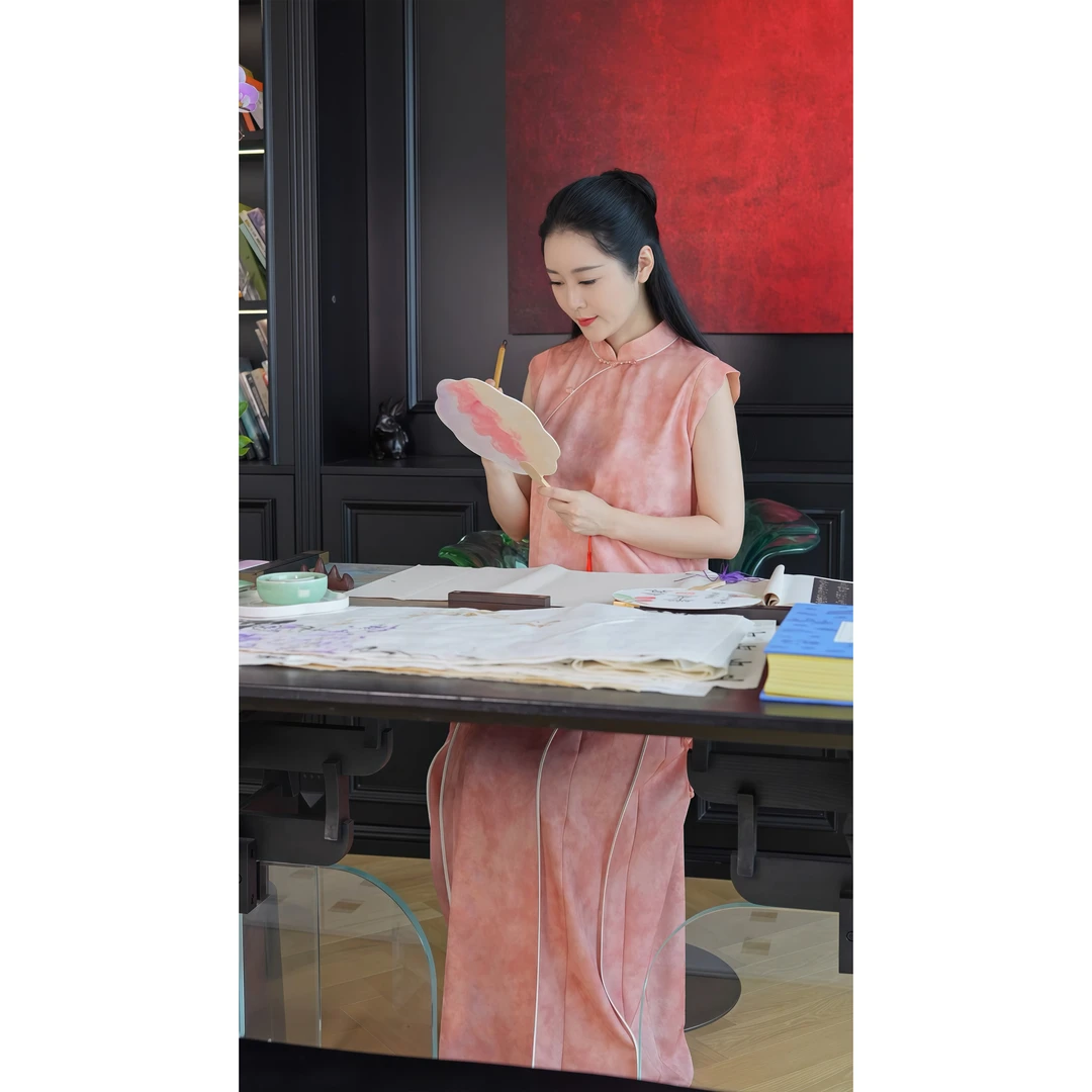 【落羽轻尘】夏季粉色新中式显气色气质通勤小飞袖长款套装