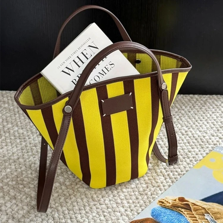 手提条纹菜篮子包包女式2025新款早春通勤飞织面料编织单肩水桶包