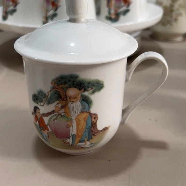 瓷片陶瓷制品寿星盖杯两个