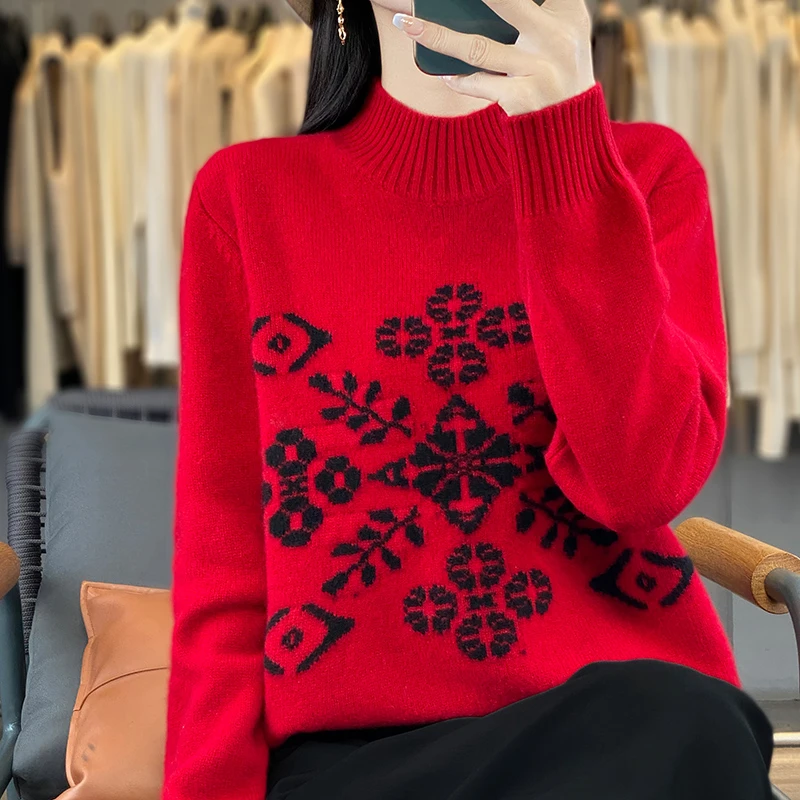 【崔万志工厂】七针加厚刺绣100%纯羊毛半高领针织衫女士宽松打底衫