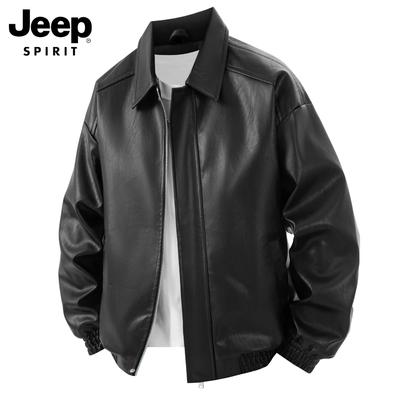 JEEPSPIRIT吉普男士翻领皮衣夹克春秋款机车服男休闲痞帅外套男款