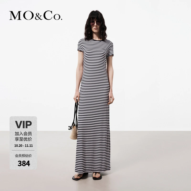 MOCO夏法式海魂风蓝白条纹短袖圆领开叉连衣裙MBD2DRS013