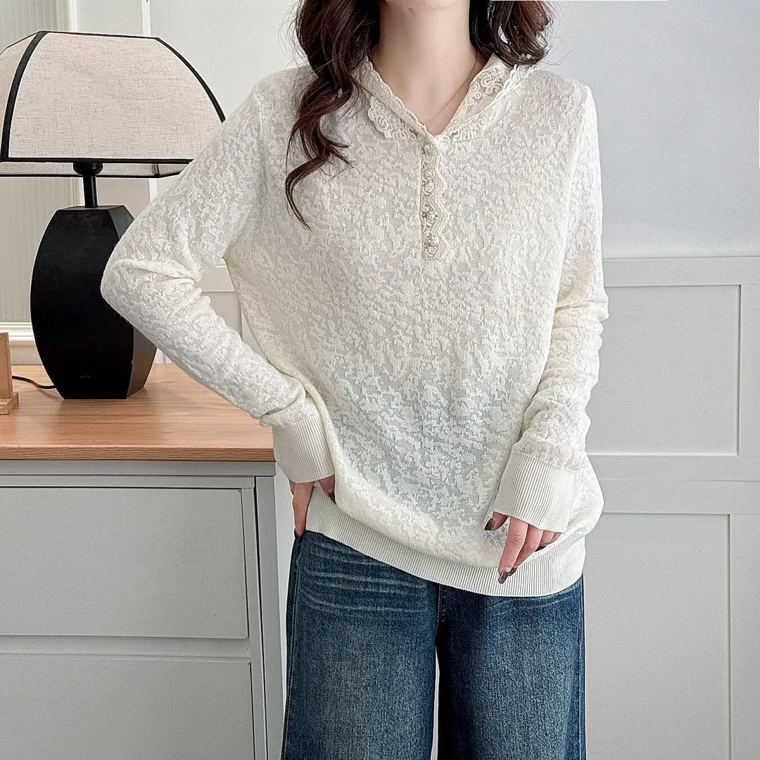大码胖mm洋气减龄显瘦蕾丝连帽针织衫女春季新款时尚百搭藏肉上衣