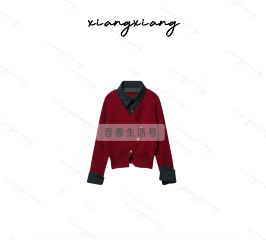 【香香专属】qc设计感假两件牛仔领针织衫3328