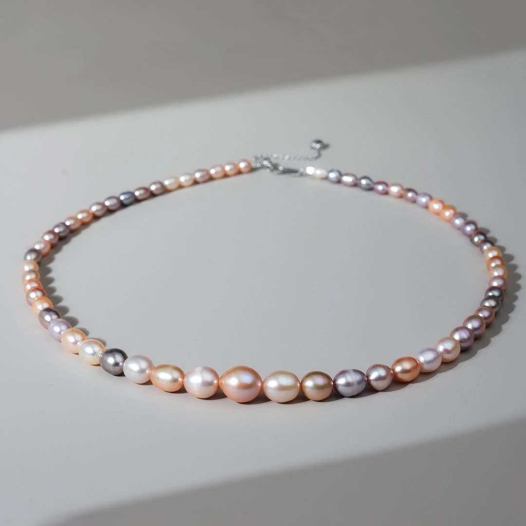 彩虹3-9mm 银S925无核淡水珍珠项链糖果色多样性发货40cm