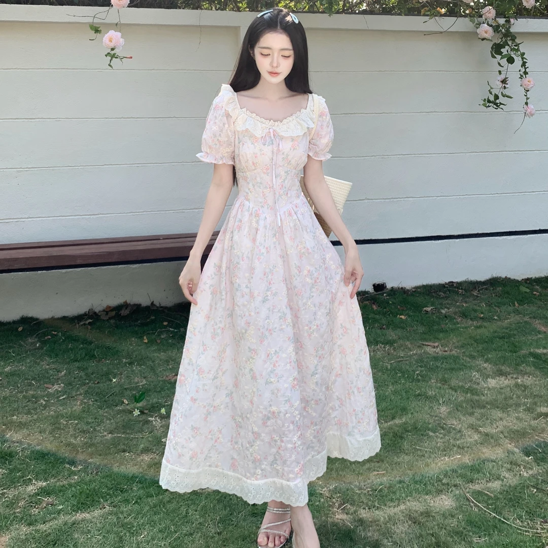 实拍~微胖纯欲泡泡袖碎花夏季甜美收腰显瘦连衣裙