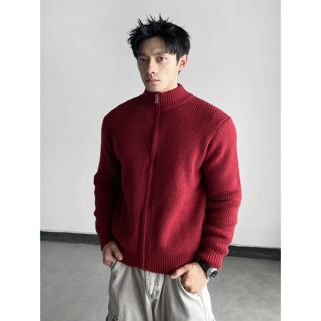 DAY NY美式boxy版型开衫毛衣外套新年红休闲百搭加厚针织衫男生