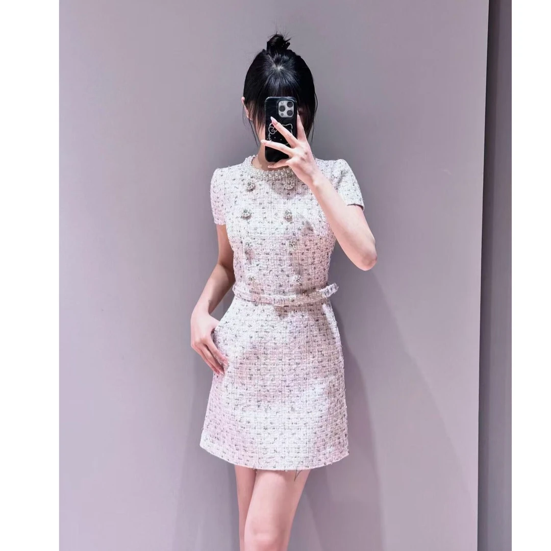 甜美小香风粗花呢双排扣收腰短袖连衣裙MU3437