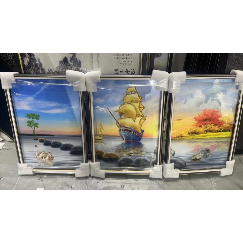 Q90一帆风顺横幅时尚客厅轻奢挂画钢化玻璃装裱实物鎏金画装饰画