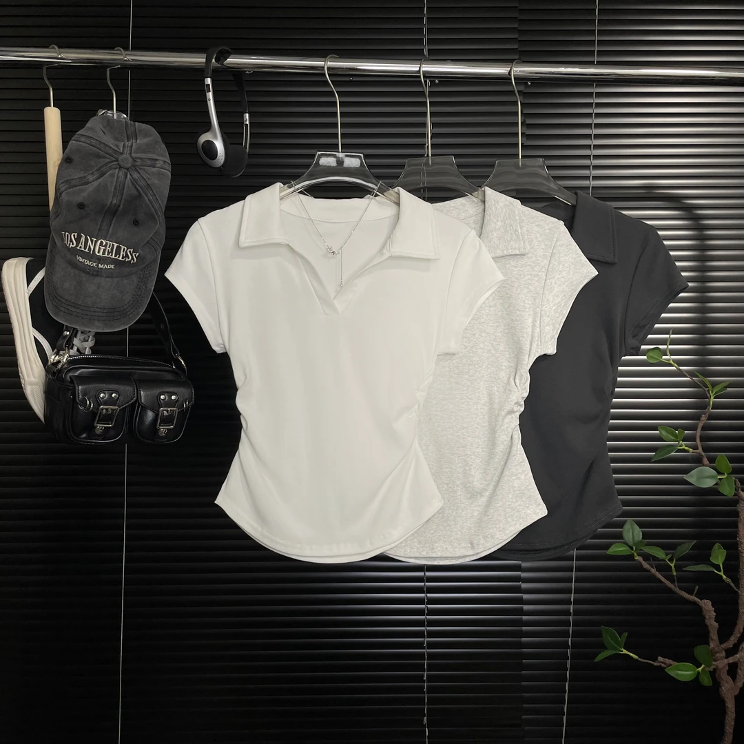 眼月夏季新款polo领白色翻领短袖t恤女收腰显瘦纯色正肩上衣