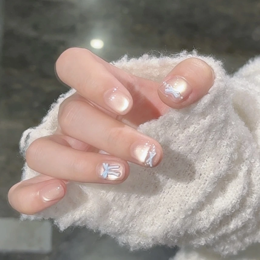 【打个小结】野世穿戴甲 海盐蓝蝴蝶结清透玻璃珠猫眼 显白美甲